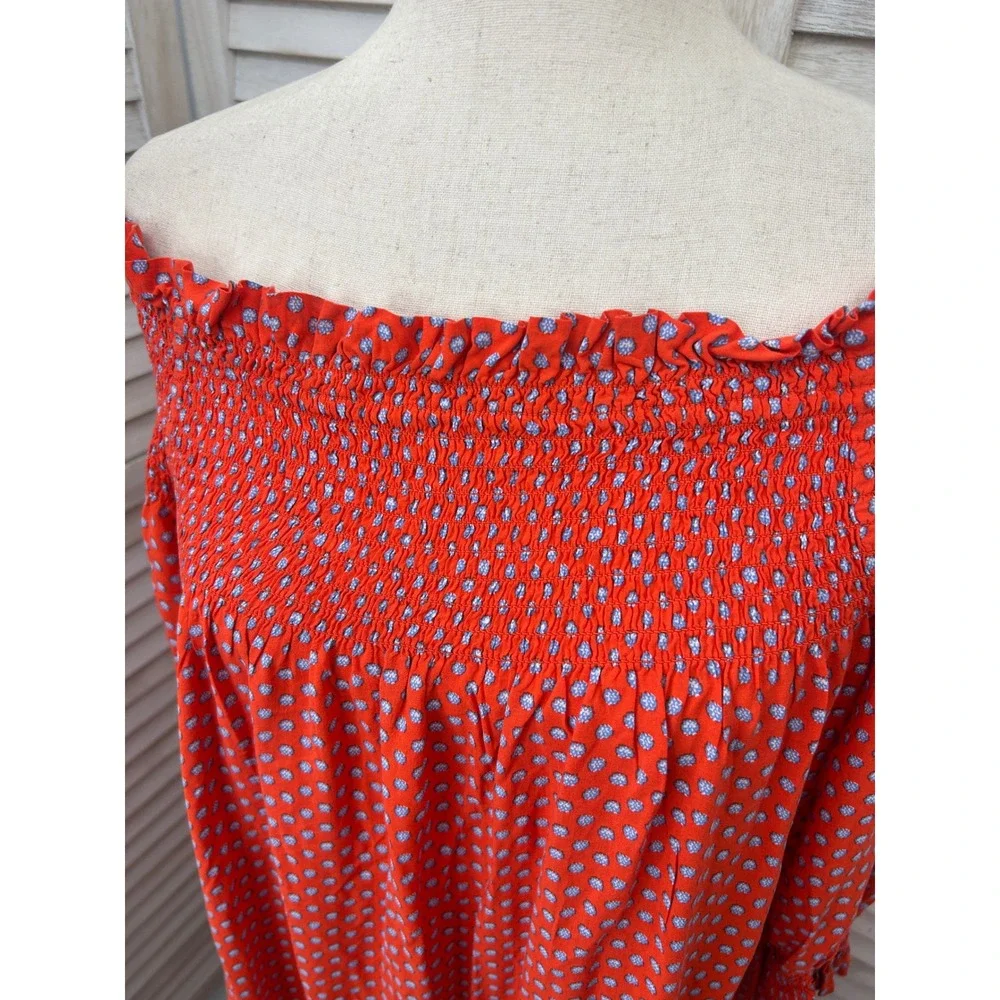 Tory Burch Off the Shoulder Dress Size XS Orange Polka Dot Shirred Ruched Ruffle